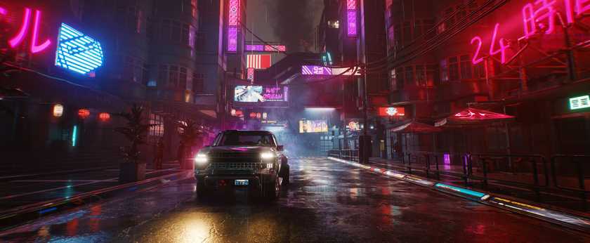 The rain-soaked, neon-lit, streets of Night City